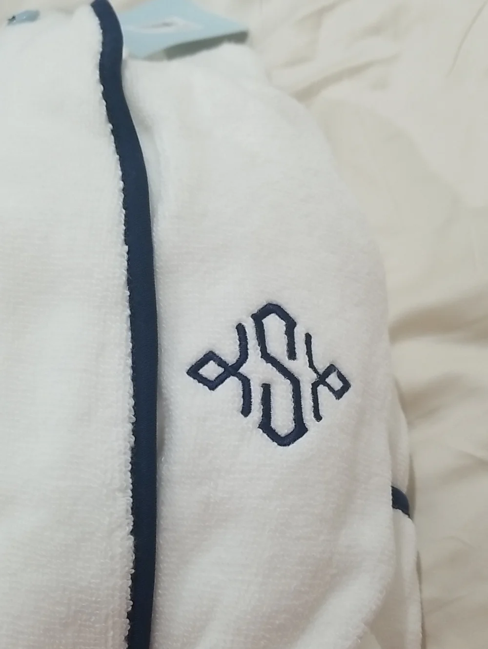 Hill House White hotel robe with Blue Trim